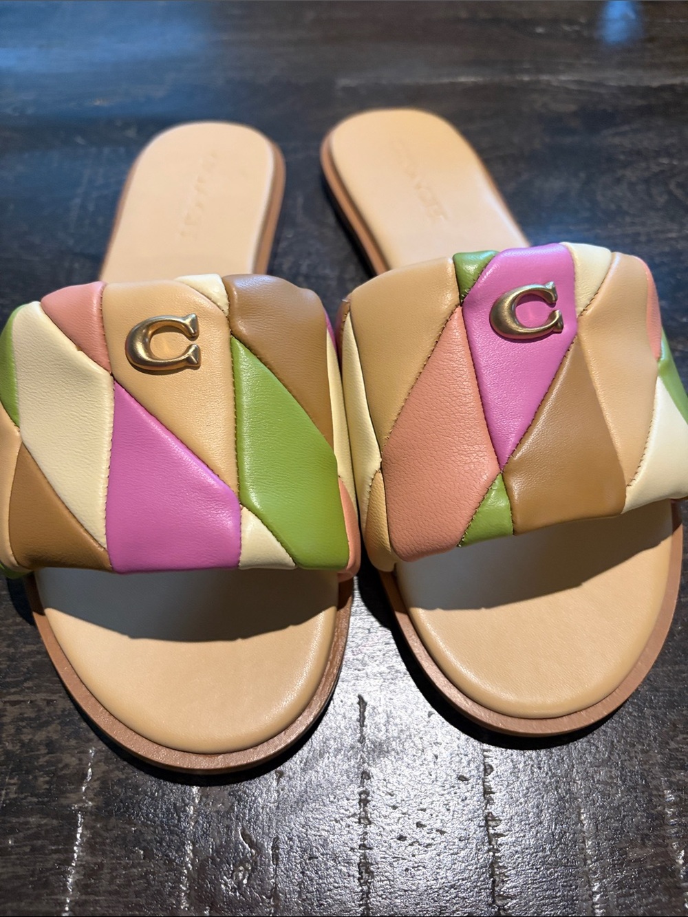 Coach Multicolor Patchwork Leather Slide Sandals in Pink, Green, Tan, Cream